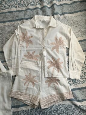 White Palm Embroidered Button-Up Shirt & Shorts Set